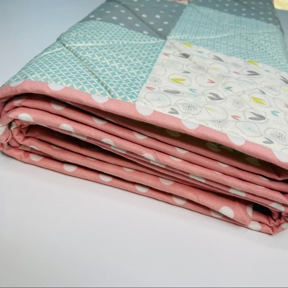 Handmade Easter / Spring Quilt Dusty Rose Blue Polka Dot Nursery Baby Bedding